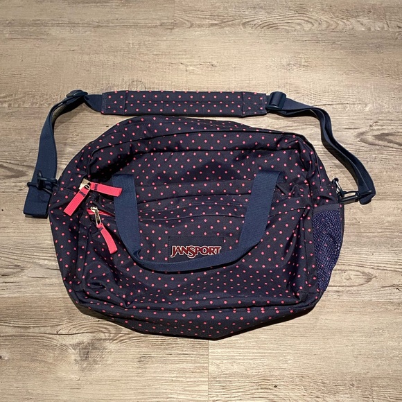 JanSport Overnight Duffle Bag Navy Blue Pink Polka Dot - Picture 1 of 4